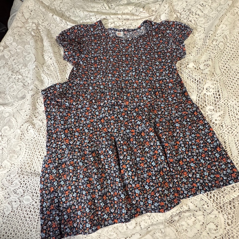 Wonder Nation Girls Floral Print Dress XL (14-16) Blue Orange Cottagecore full